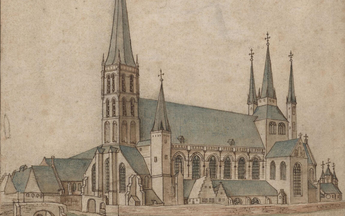 De monnikenkerk van de Sint-Baafsabdij, gezien vanuit het zuidwesten, gelegen aan de Nederschelde (nu de Visserij) en de weg naar Antwerpen.  Tekening door Arent van Wijnendale, voor 1540 (IC_AG_AVW_10).