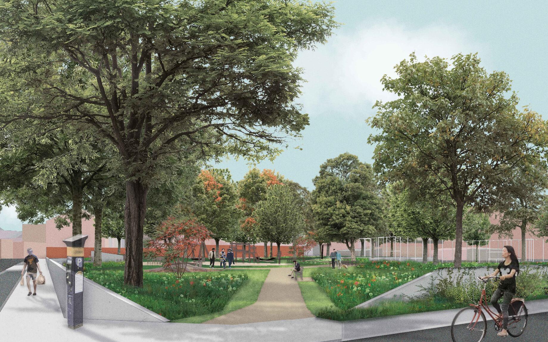 Simulatiebeeld van het vernieuwde Waspark, gezien vanuit de toegang in de Aarenbergstraat