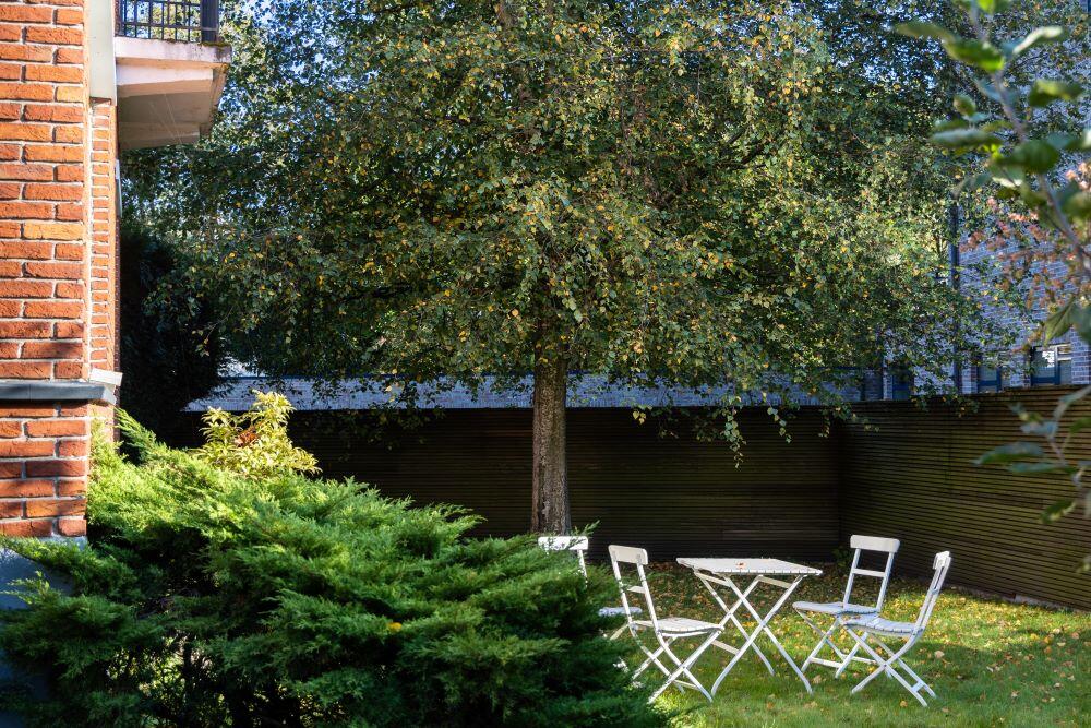 Boom in tuin met tuintafel en stoelen