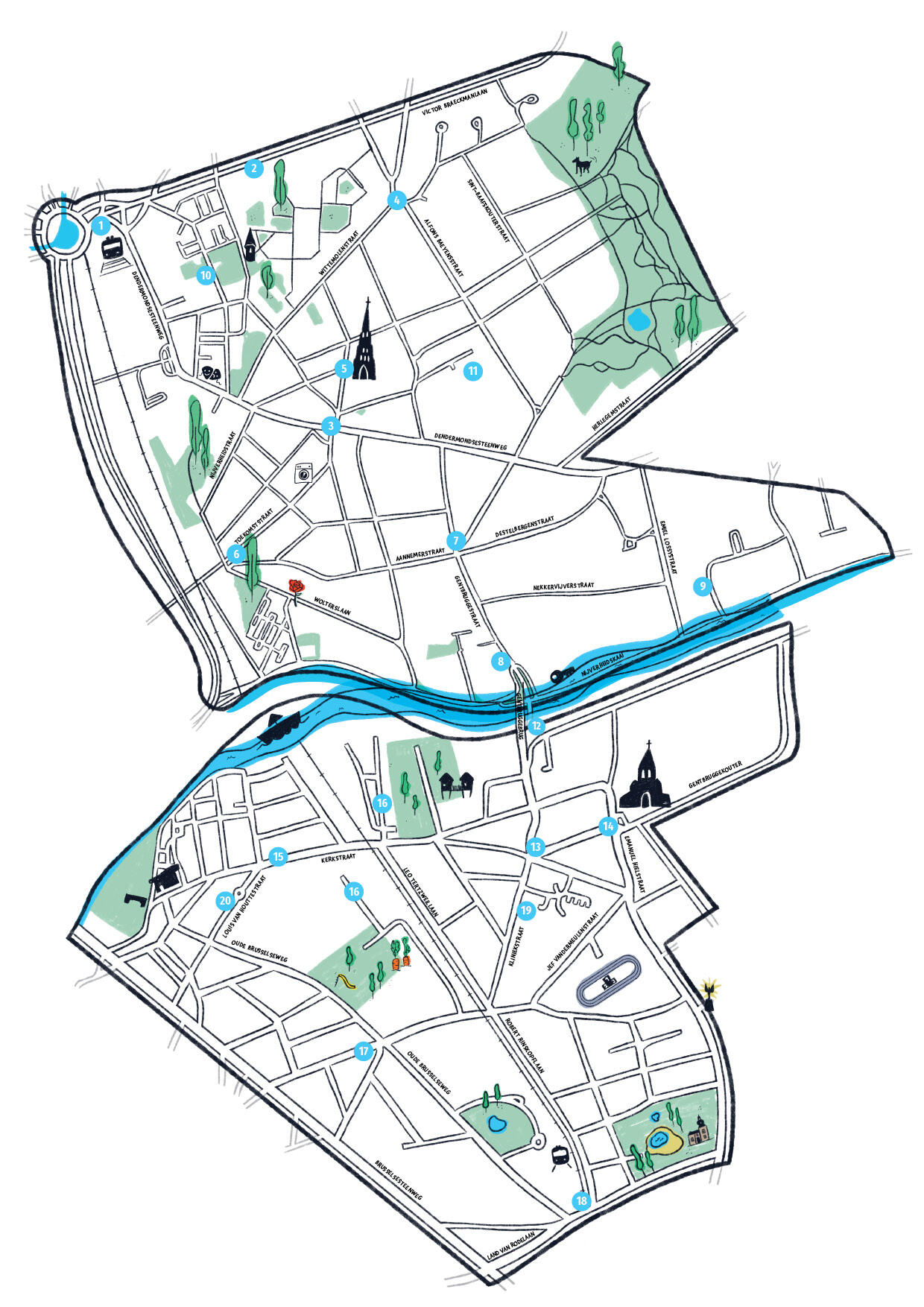 hier staat normaal een overzichtskaart van de 20 knelpunten van het wijkmobiliteitsplan Dampoort - Oud Gentbrugge